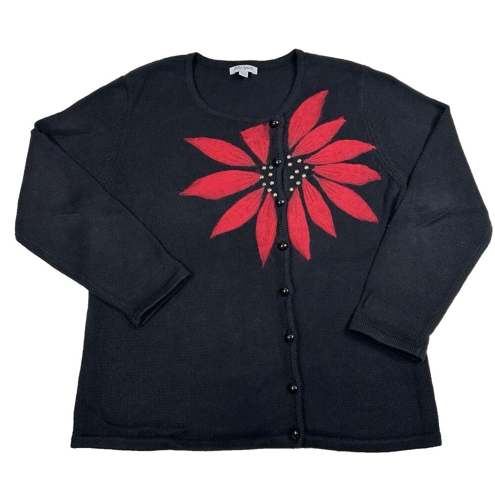 Vintage PBJ Sport Christmas Sweater Women's XL Black Red Poinsettia Off Centered